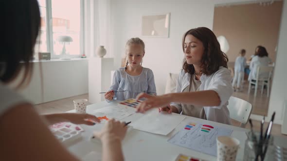 Young Caucasian Mother and Little Daughter Having a Painting Class Together