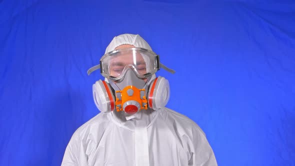 The Virus Fly To the Doctor in Air. Scientist Virologist in Respirator. Man Close Up Look, Wearing