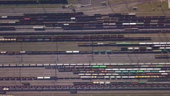 Aerial View of Railway Sorting Station and A Lot of Wagons at a Railway