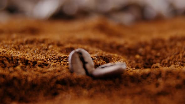 Two coffee beans on roasted coffee powder