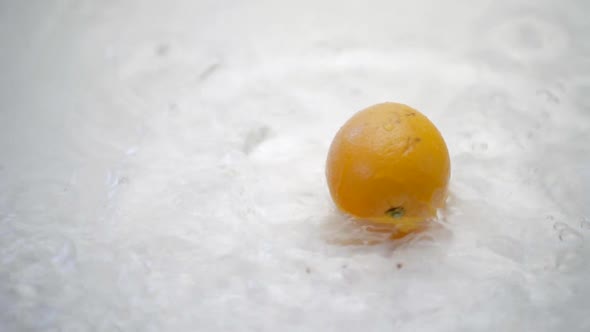 SLOMO of Citrus Falling into Water on White Backdrop