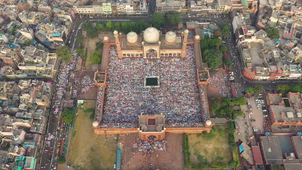 Aerial view of prayer during Eid al-Fitr at Jama Masjid in Delhi, India.