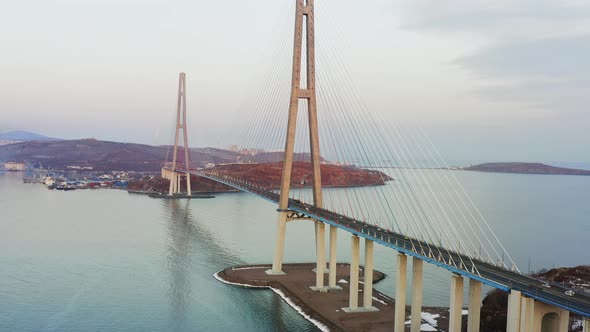 Aerial View of the Russian Bridge the Longest Cablestayed Bridge in Russia