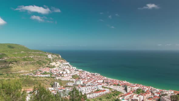 Aerial View on the Coastal Town of Sesimbra in Portugal Timelapse