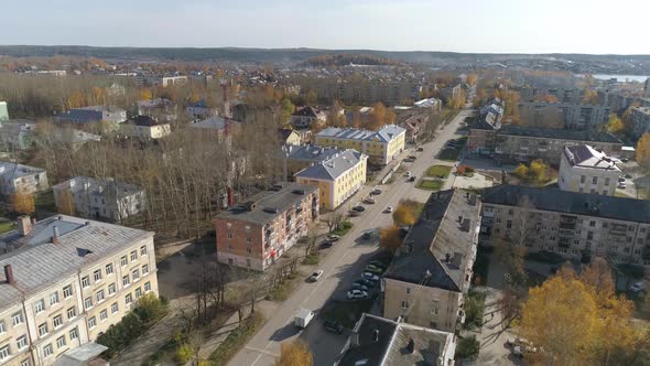 Aerial view of A provincial Russian city with low buildings and house of culture 44