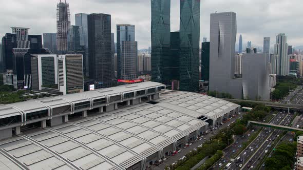 Shenzhen Central Business District Aerial Skyline Panorama Timelapse Pan Up