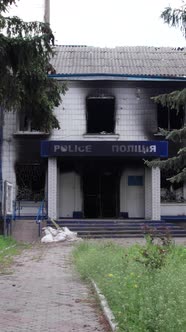 Vertical Video of a Wartorn Police Station in Ukraine