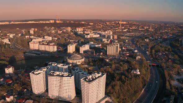 Slow Push Establishing Aerial Shot of Circus Area in Chisinau Moldova at Sunset