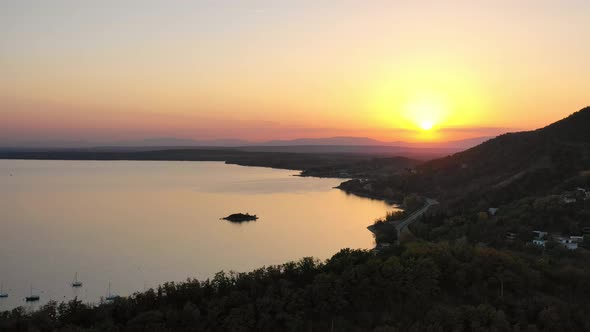 Aerial view of the Zemplinska Sirava reservoir in Slovakia - Sunset
