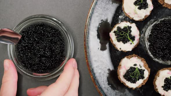 Black Caviar Sandwiches Closeup