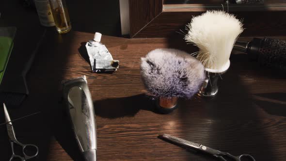 Close up view of hairdresser utensils on table