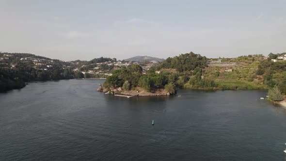 River beach of Ilha dos Amores or Island love, Castelo de Paiva in Portugal. Aerial view