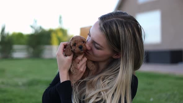 Female Pet Owner Holding and Cuddling Small Cute Doodle Puppy Dog