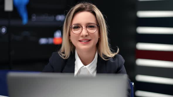 Portrait of Happy Business Woman Employee Posing at Laptop Workplace