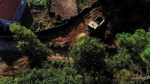 A deforestation tractor works in the forest cutting down trees.