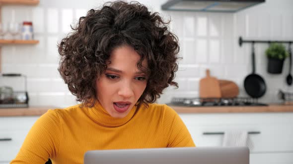 Close Up Curly Woman Student Greets Studying Talking Online Video Call Laptop