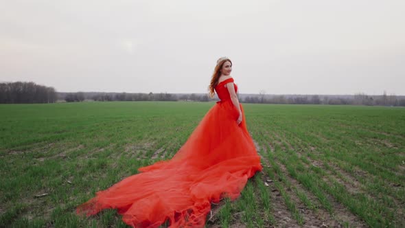 Portrait of a Young Beautiful Woman in a Red Dress Against a Nature Background