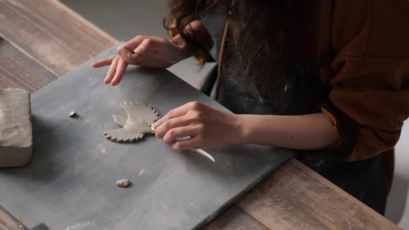 Top View of Potter Woman Hands Working on Details of a Clay Handcraft Bird