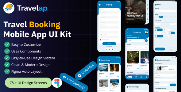 Travelap – Travel Booking  Mobile  App Figma  UI Kit – 0 Sold!
