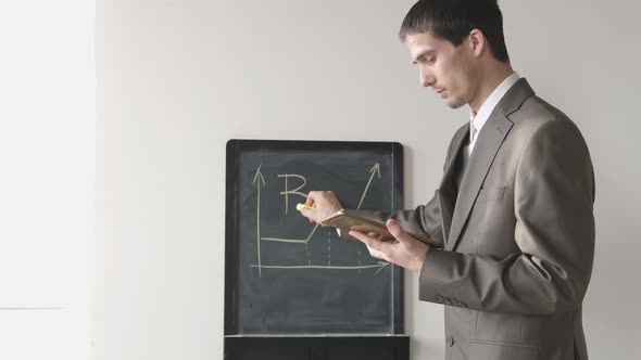 Creative Young Businessman in Suit Draws Bitcoin on Board