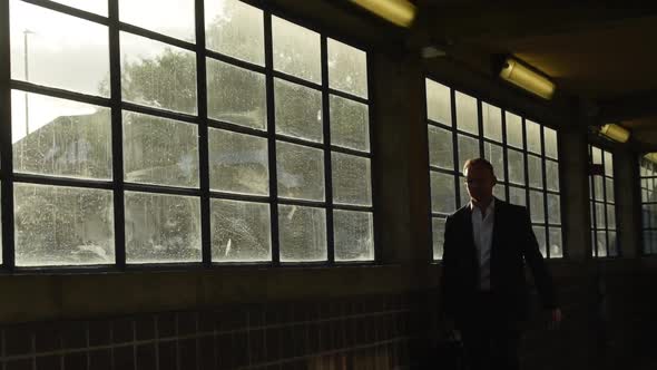 Businessman in suit walking through covered passageway on commute to work, static shot