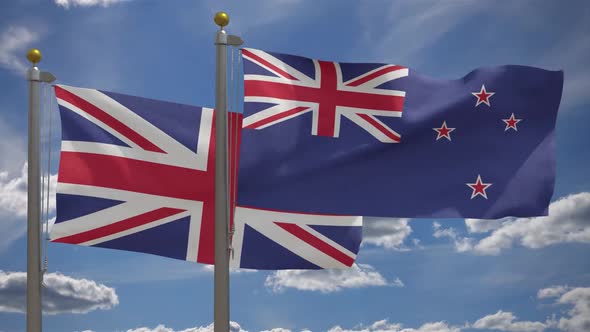 United Kingdom Flag Vs New Zealand Flag On Flagpole