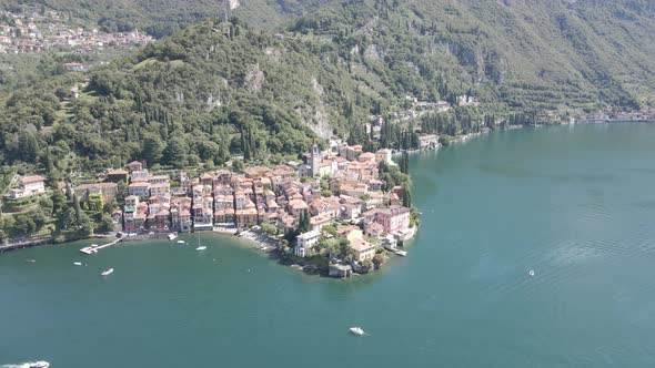 Top View of Varenna By Lake Como in Italy Aerial View of San Giorgio in the Central Square