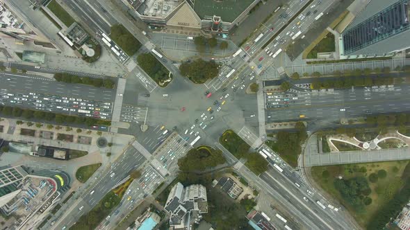 Complex Crossroads in Shanghai, China. Aerial Vertical Top-Down View