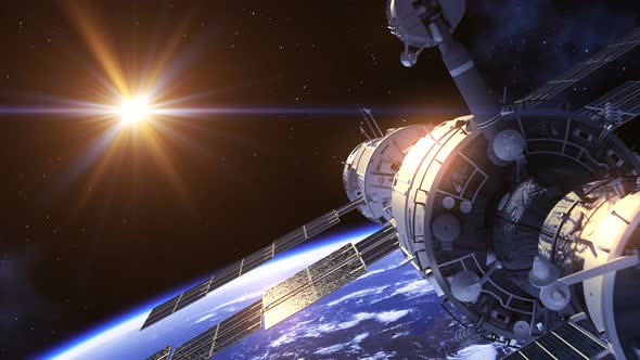 Space Station In The Rays Of Red Sun