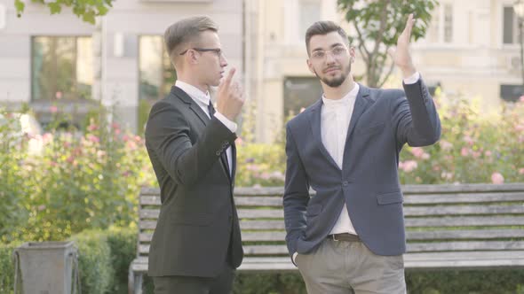 Two Young Well-dressed Partners Have Meeting in the Park