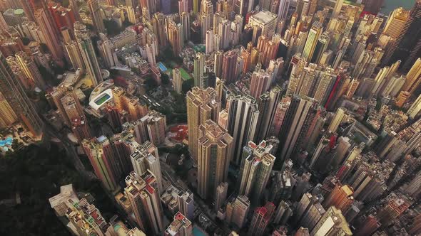 Aerial view of Hong Kong Downtown. Financial district and business centers in urban city. Top view.