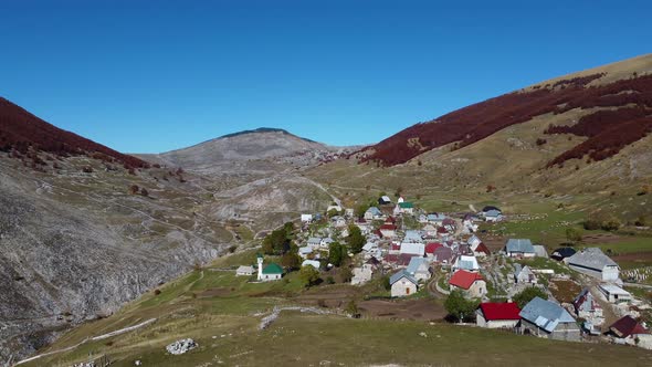 Aerial drone view of mountain village. Unique village in Europe. Medieval traditional way of living.