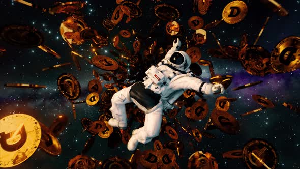 Falling Astronaut in Outer Space Surrounded By Flying Dogecoins