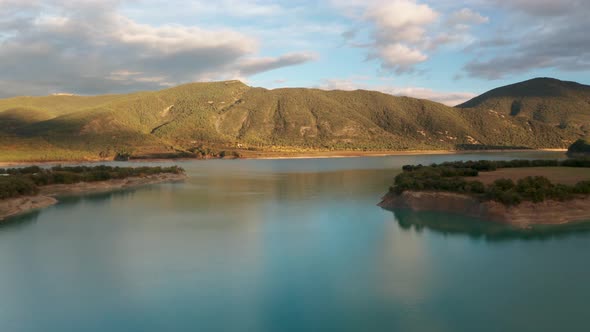 Aerial View of the Embalse De Mediano Reservoir During Sunset. Spain in the Fall