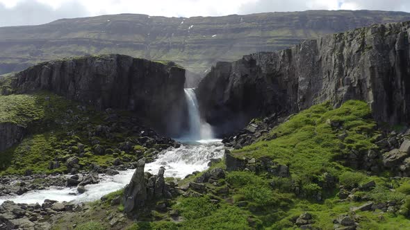 Flying Around the Folaldafoss Waterfall in East Iceland