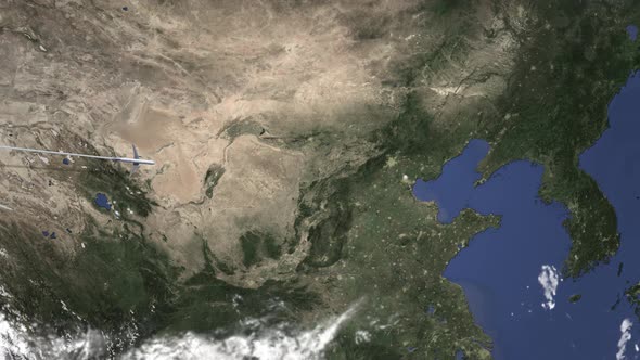 Airplane Flying To Tianjin China on the Map alt