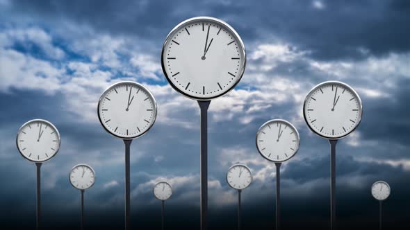 Clocks with Rotating Arrows Against Sky with Heavy Clouds