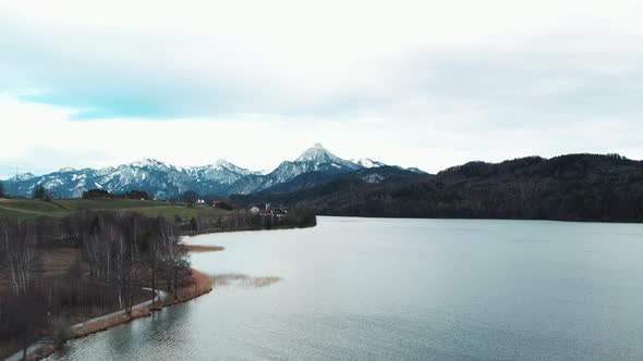 Drone shot of Weissensee winter lake, near Fussen, Germany and the Austrian border.