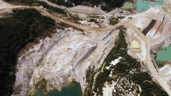 Aerial view quarry extraction porcelain clay, kaolin, with turquoise water