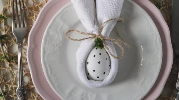 Beautiful Festive Easter Table Setting with Napkin Easter Bunny. Easter Table Setting for the