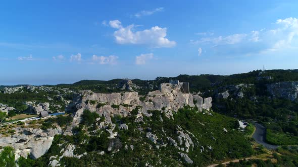 Village of Les Baux-de-Provence in Bouches-du-Rhone in France from the sky