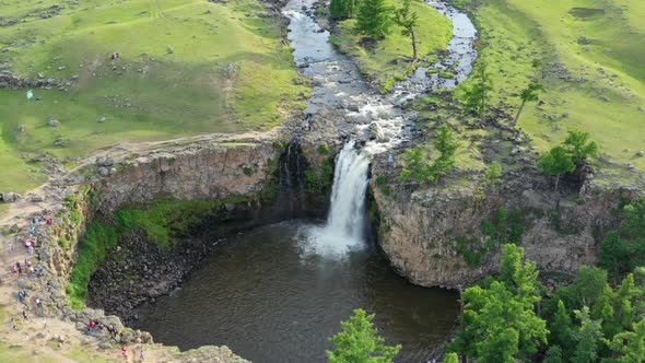 Aerial Around View of Orkhon Waterfall