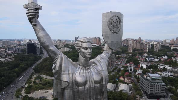 Motherland Monument in Kyiv, Ukraine By Day. Aerial View