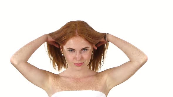 Woman with Long Red Hair. Slow Motion, Bathroom