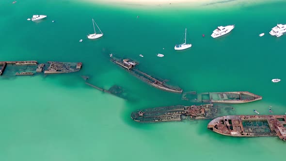 Aerial View of Tangalooma Shipwrecks in Brisbane Australia in the Summer