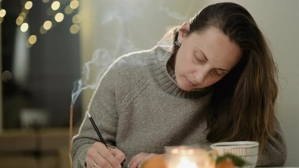 Young woman in a gray sweater writes a diary or goals at home on a background of lights