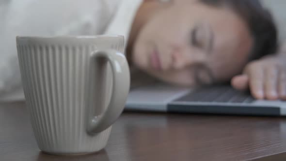 Sleeping in the office by computer. 