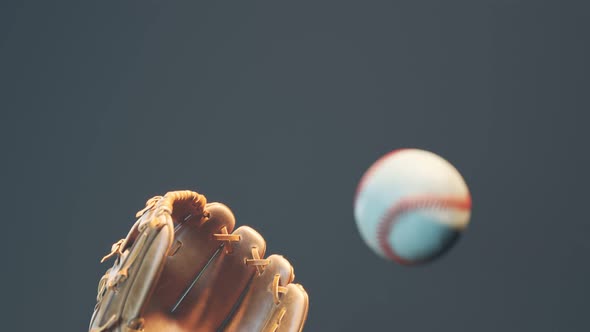 Dynamic flying baseball catch in the spotlight. Epic foggy slow motion shot 4KHD