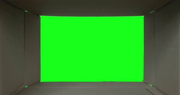 Woman hand open delivery internet shopping box, view from inside. Green screen chroma key.