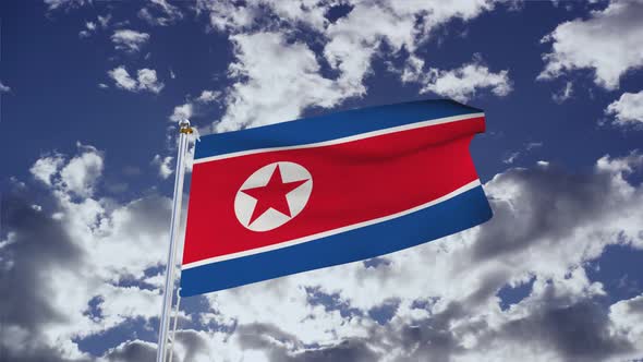 North Korea Flag With Sky 4k